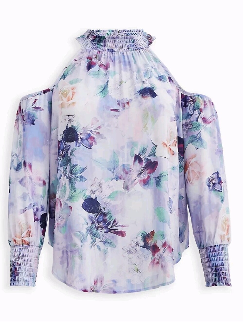 Torrid High Neck Cold Shoulder Blouse Georgette Floral Purple 3 3x 22 24 #A62778
